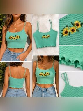 SHEIN Mint Green Ribbed Sunflower Embroidered Crop Camisole